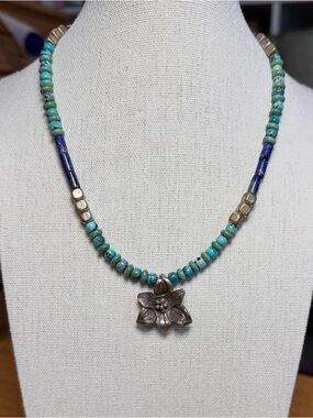 Vintage Turquoise and Silver Beaded Necklace with Floral Pendant